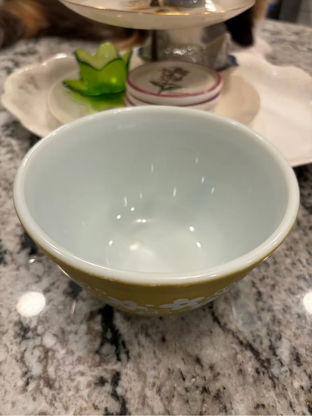 Vintage Pyrex Olive Green Floral Ceramic Bowl
